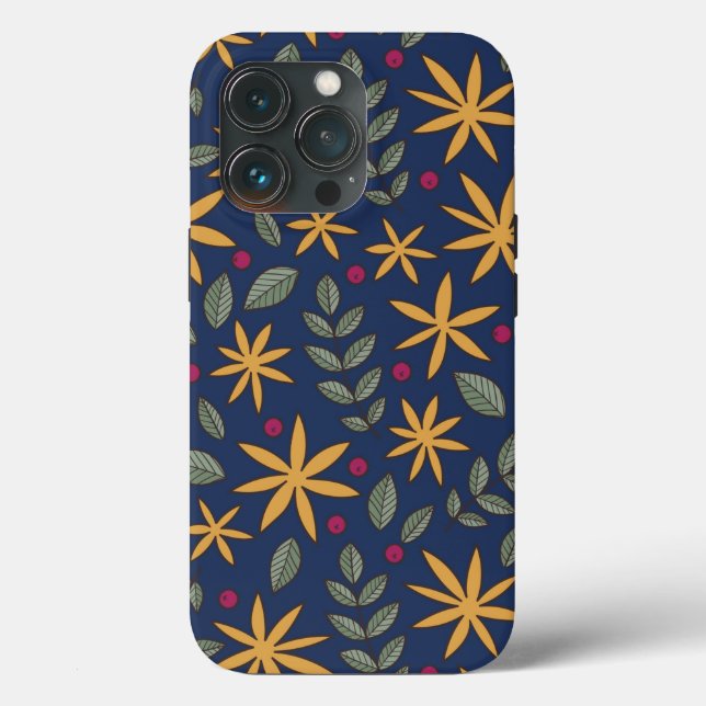 Elegant Yellow Floral Pattern on Blue Case-Mate iPhone Case (Back)