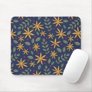 Elegant Yellow Floral Pattern on Blue Mouse Pad