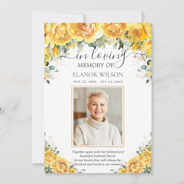  Elegant Yellow Floral Photo Funeral Memorial Thank You Card (Front)