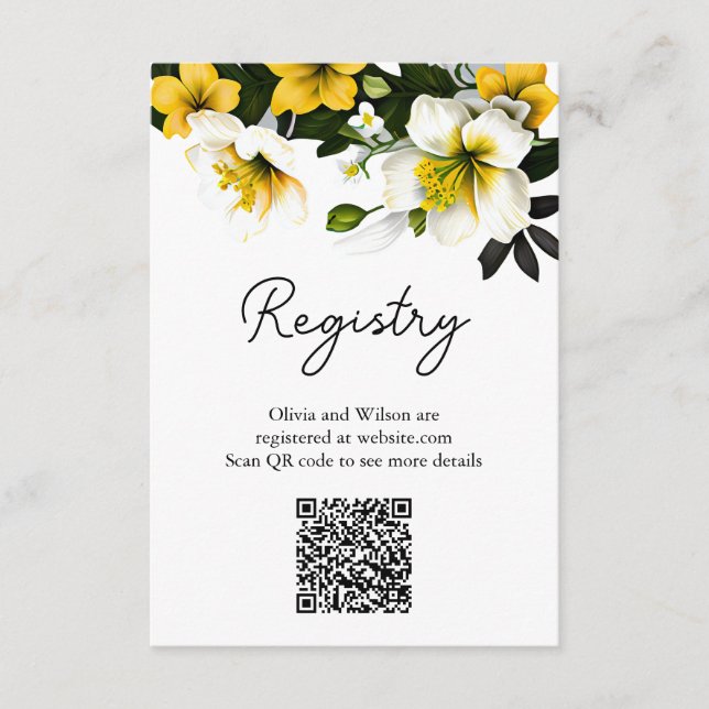 Elegant Yellow Floral QR Code Wedding Registry Enclosure Card (Front)