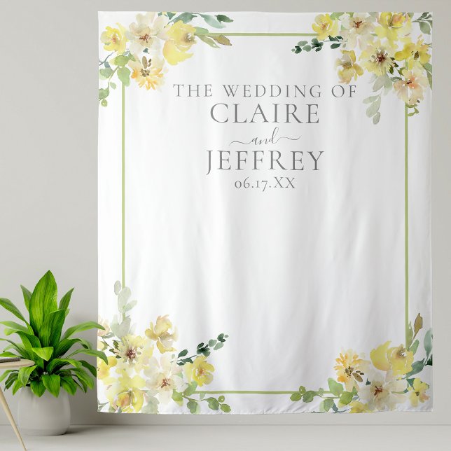 Elegant Yellow Floral Sage Green Wedding Backdrop Tapestry (Creator Uploaded)