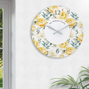 Elegant Yellow Floral Watercolor Personalized Large Clock
