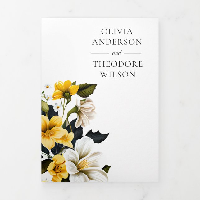 Elegant Yellow Floral Wedding All in One QR Code  Tri-Fold Invitation (Cover)