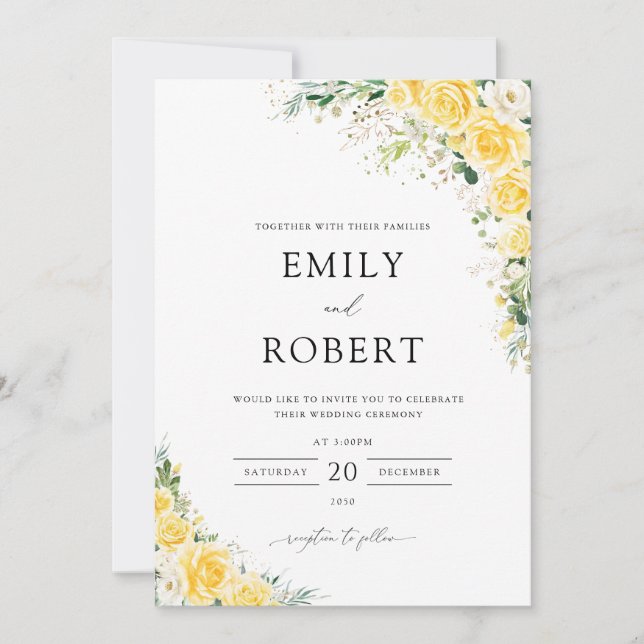 Elegant Yellow Floral Wedding Invitation (Devant)