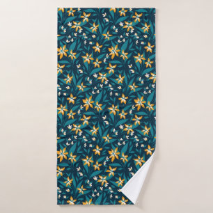 Elegant Yellow Flower Pattern in Dark Green Leaves Bath Towel Set