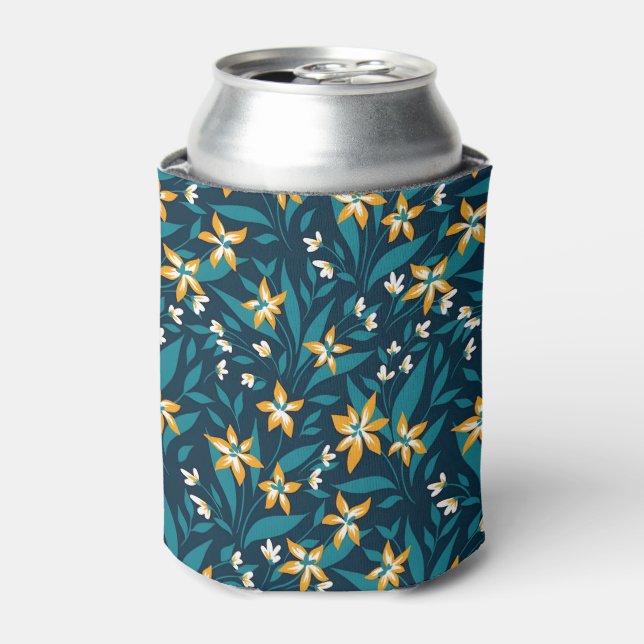 Elegant Yellow Flower Pattern in Dark Green Leaves Can Cooler (Can Front)