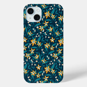 Elegant Yellow Flower Pattern in Dark Green Leaves iPhone 15 Mini Case