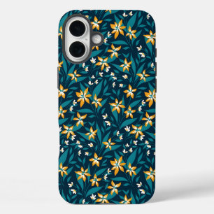 Elegant Yellow Flower Pattern in Dark Green Leaves iPhone 16 Plus Case
