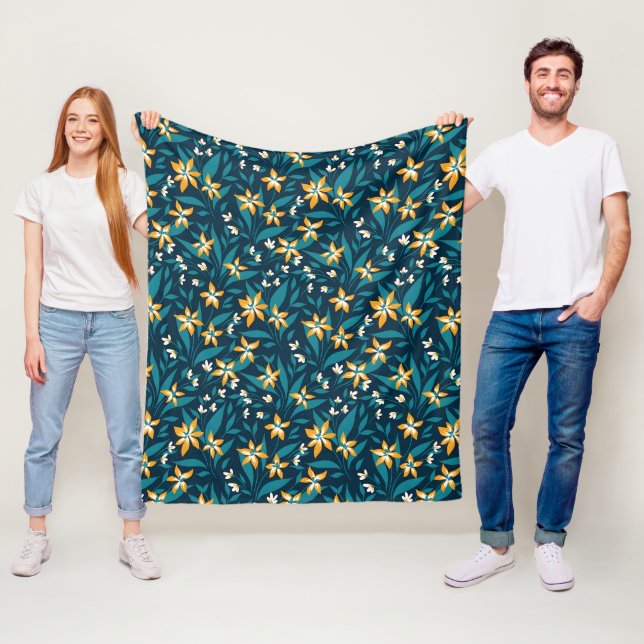 Elegant Yellow Flower Pattern in Dark Green Leaves Fleece Blanket (In Situ)