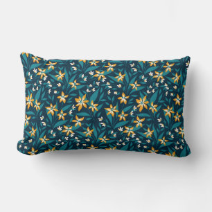 Elegant Yellow Flower Pattern in Dark Green Leaves Lumbar Pillow