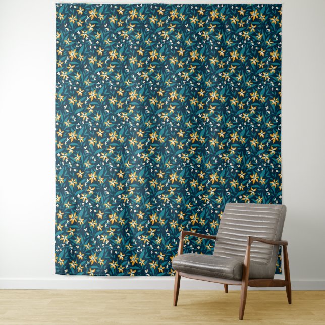 Elegant Yellow Flower Pattern in Dark Green Leaves Tapestry (In Situ)