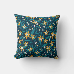 Elegant Yellow Flower Pattern in Dark Green Leaves Throw Pillow