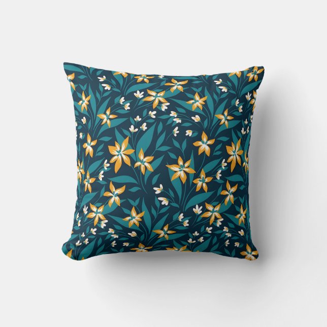 Elegant Yellow Flower Pattern in Dark Green Leaves Throw Pillow (Front)