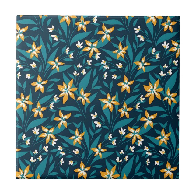 Elegant Yellow Flower Pattern in Dark Green Leaves Tile (Front)