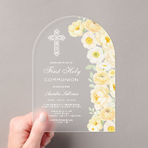 Elegant Yellow Flowers Arch First Communion Acrylic Invitations