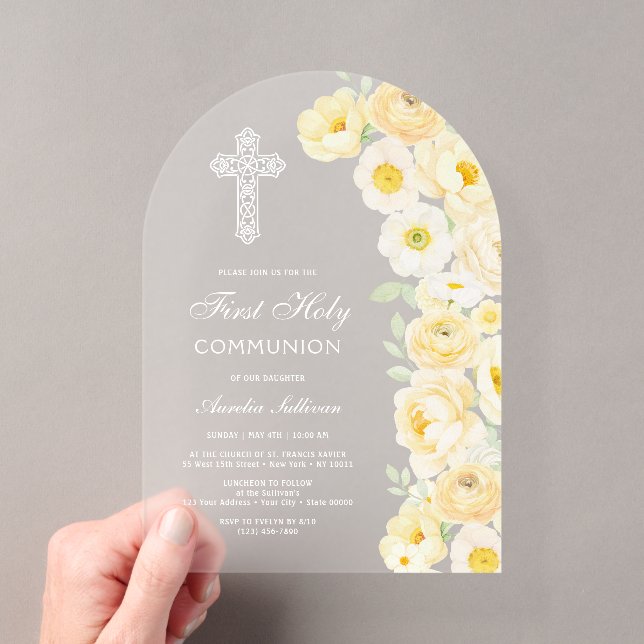Elegant Yellow Flowers Arch First Communion Acrylic Invitations (Insitu (Handheld))
