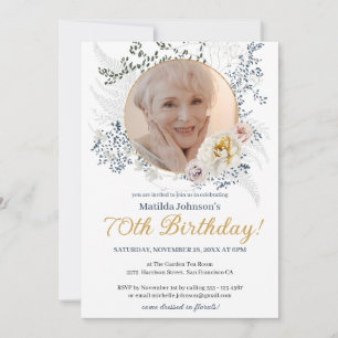 Elegant Yellow Flowers Custom Photo 70th Birthday Invitation