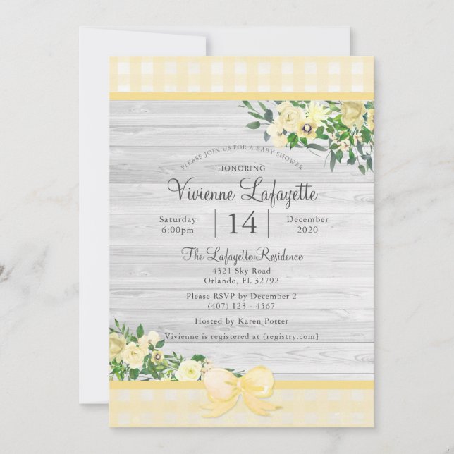 Elegant Yellow Gingham Floral Baby Shower Invitation (Front)