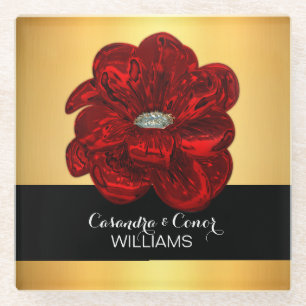 Elegant Yellow Gold & Black Red Flower Wedding Glass Coaster