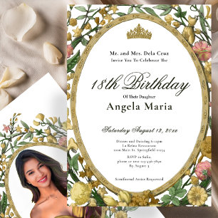 Elegant Yellow Gold Floral 18th Birthday Debut Invitation