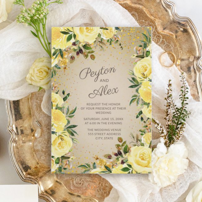 Elegant Yellow Gold Floral Glitter Brown Wedding Invitation (Creator Uploaded)