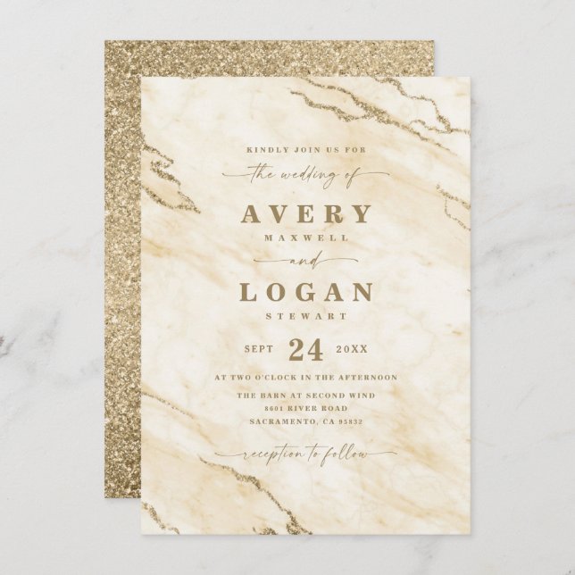 Elegant Yellow & Gold Marble & Glitter Wedding Invitation (Front/Back)