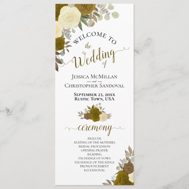 Elegant Yellow & Gold Watercolor Floral Wedding Program (Front)