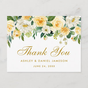 Elegant Yellow Gold White Floral Wedding Thank You Postcard