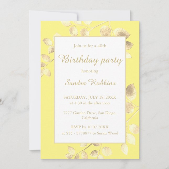 Elegant yellow golden leaves birthday invitation (Front)