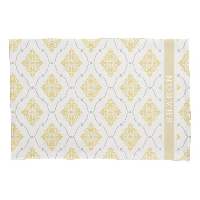 elegant yellow grey damask pattern monogram pillowcase (Front)