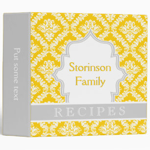 Elegant yellow, grey damask recipe binder