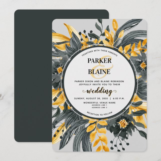 Elegant Yellow & Grey Floral Modern Script Wedding Invitation (Front/Back)