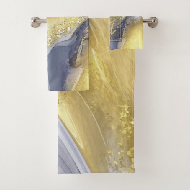 Elegant Yellow Grey Gold Marble Effect Monogram  Bath Towel Set (Insitu)