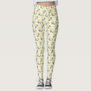 Elegant Yellow Hydragea Floral Butterflies Pattern Leggings