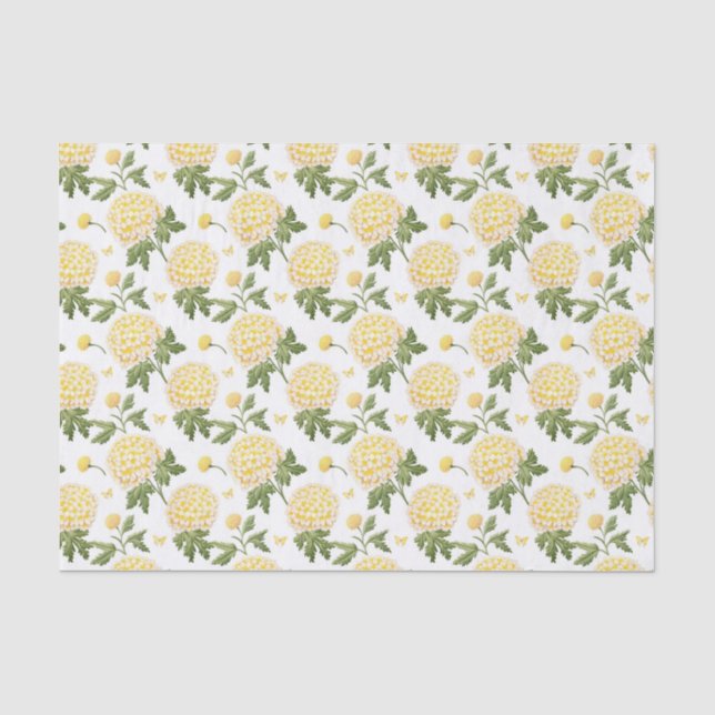 Elegant Yellow Hydragea Floral Butterflies Pattern Tissue Paper (Front)