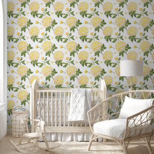 Elegant Yellow Hydragea Floral Butterflies Pattern Wallpaper