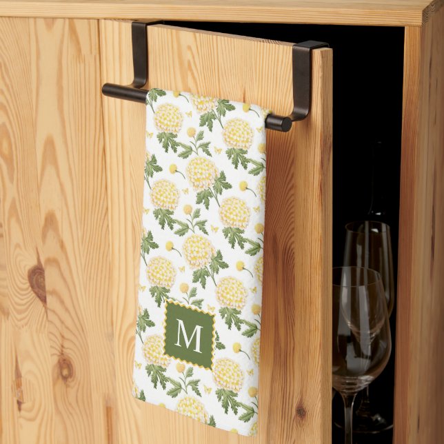 Elegant Yellow Hydragea Floral Monogram Kitchen Towel (Thirds Fold)