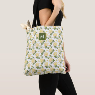 Elegant Yellow Hydragea Floral Monogram Tote Bag