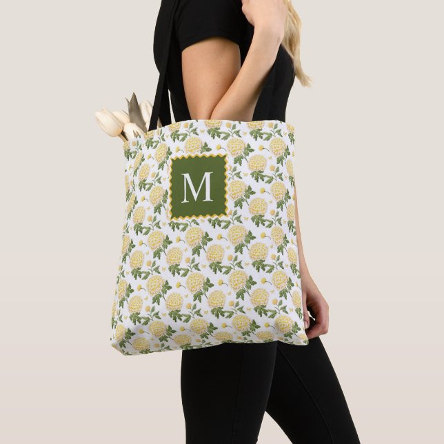 Elegant Yellow Hydragea Floral Monogram Tote Bag (Close Up)