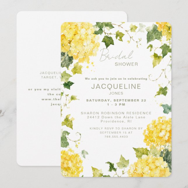 Elegant Yellow Hydrangea  Bridal Shower Invitation (Front/Back)