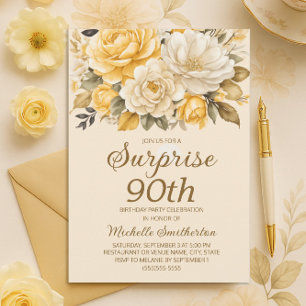 Elegant Yellow Ivory Cream Floral Surprise 90th Invitation