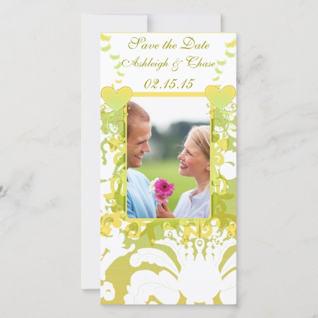 Elegant Yellow & Lime Damask Save the Date (Front)