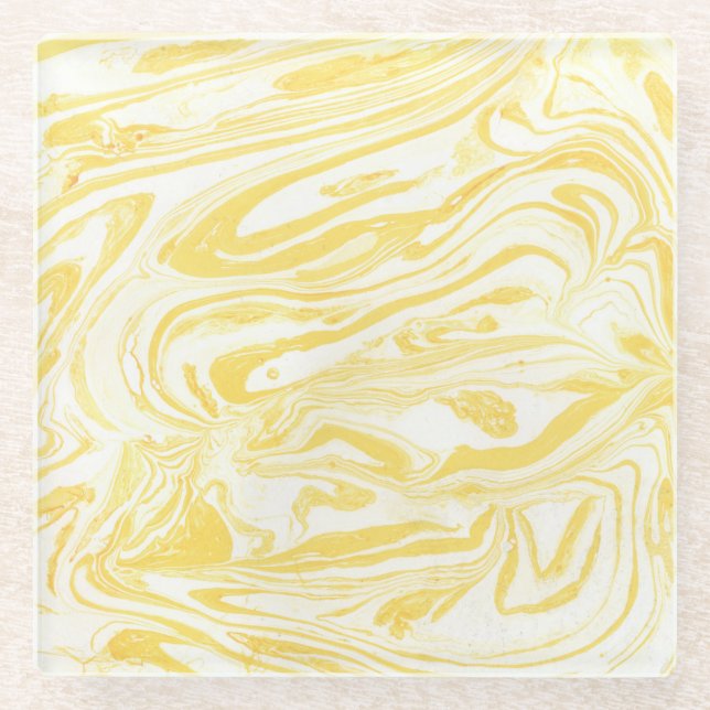 Elegant Yellow Marble: Hand-Drawn Texture Glass Coaster (Front)