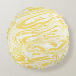 Elegant Yellow Marble: Hand-Drawn Texture Round Pillow