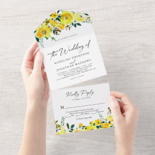 Elegant Yellow Mustard Floral Watercolor Wedding All In One Invitation