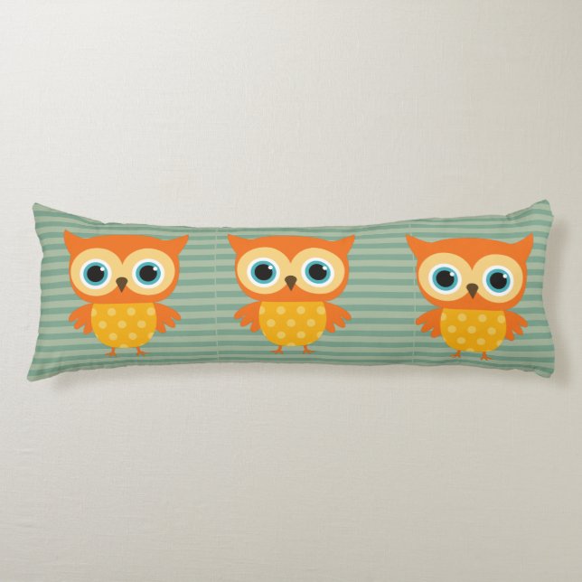 Elegant yellow owl green lines kids body pillow (Front)