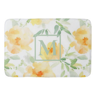 Elegant yellow peach orange watercolor floral bath mat