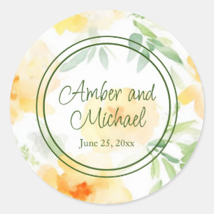 Elegant yellow peach orange watercolor floral  classic round sticker