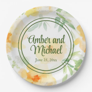Elegant yellow peach orange watercolor floral  paper plate
