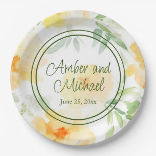 Elegant yellow peach orange watercolor floral  paper plate